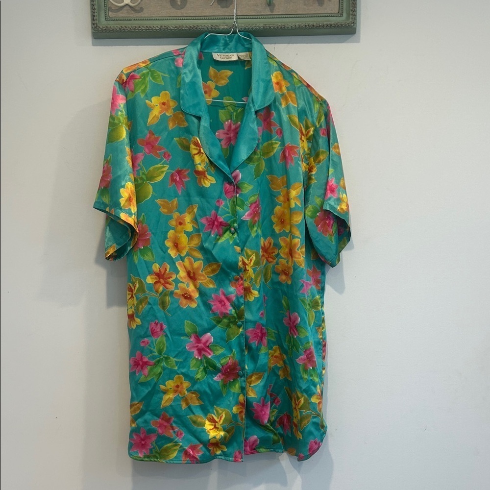 Vintage 90s Victoria's Secret Floral Blouse Satin Long Short Sleeve Teal large
